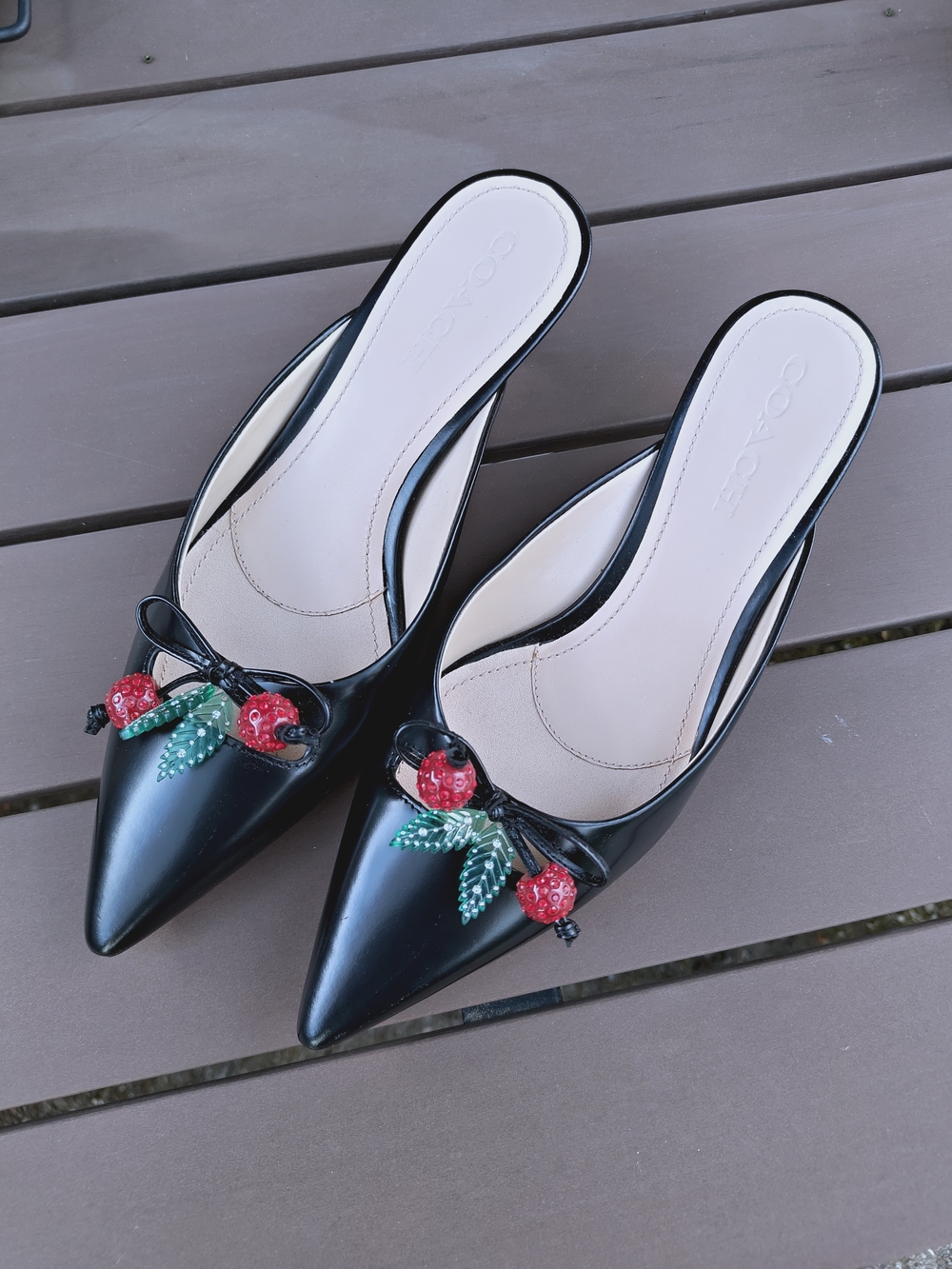 Coach Black Pointed Toe Mules with Red & Green Cherry Embellishments